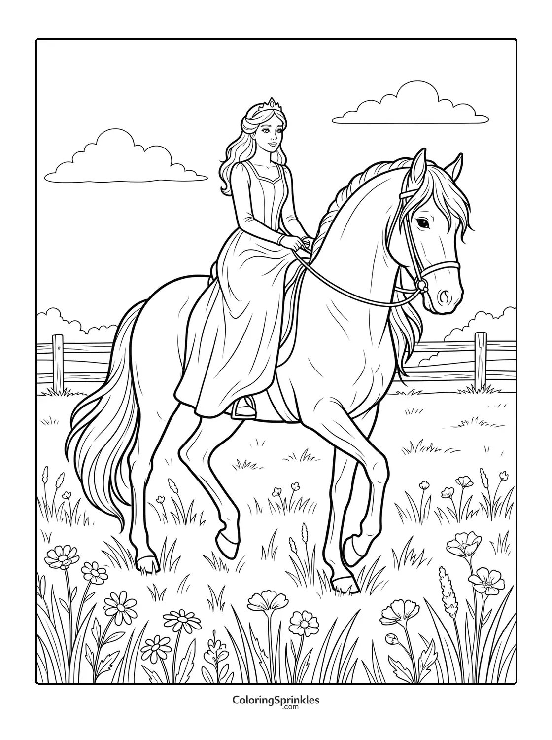 Coloring page of a princess riding a horse in a flower field