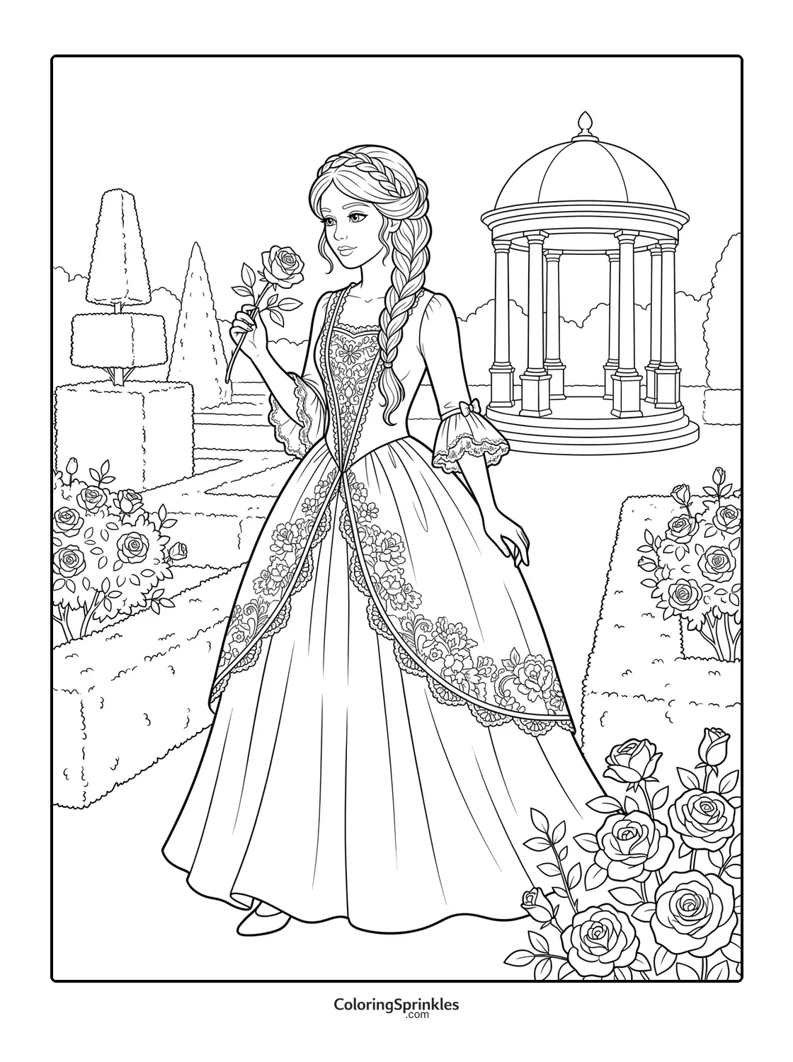 Coloring page of a princess holding a rose in a garden with a pavilion