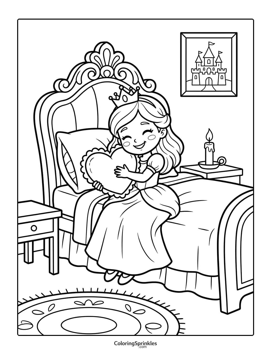Coloring page of a princess sitting on a bed holding a heart-shaped pillow