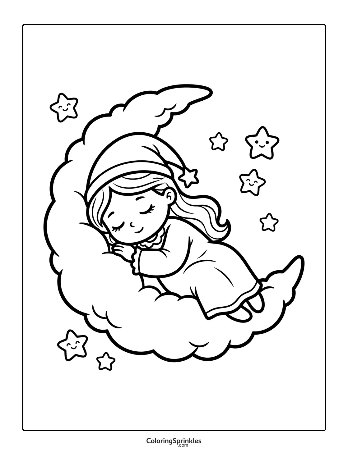 Coloring page of a princess sleeping on a crescent moon surrounded by stars