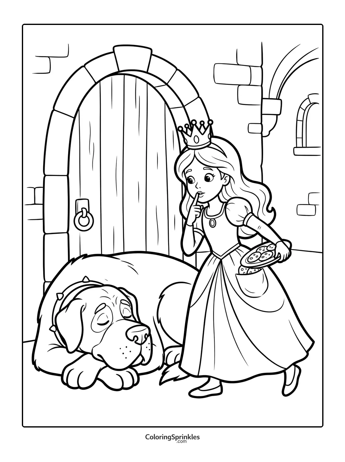 Coloring page of a princess sneaking pizza past a sleeping guard dog at a castle door