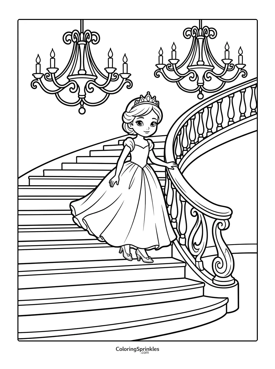 Coloring page of a princess descending a grand staircase with chandeliers