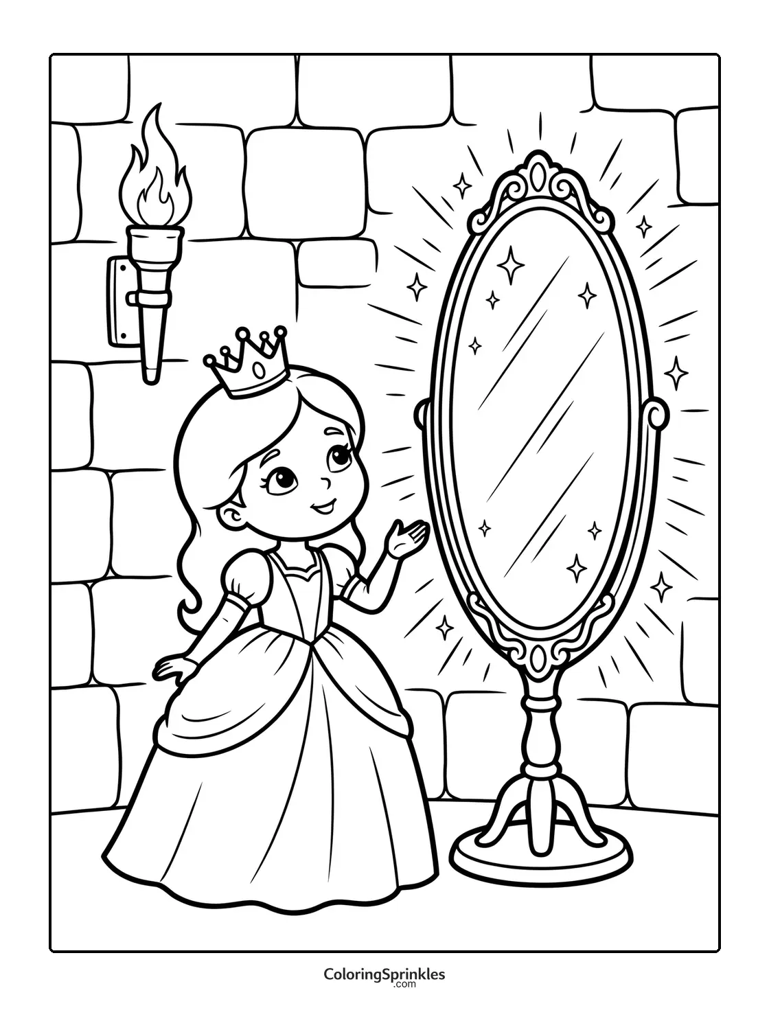 Coloring page of a princess standing near a magic mirror in a castle