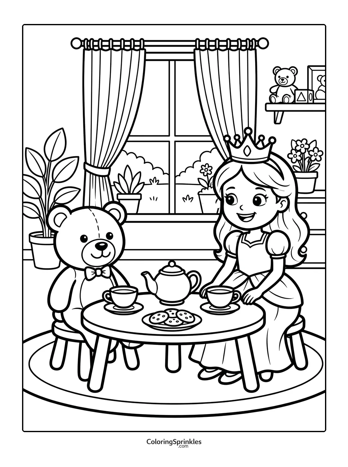 Coloring page of a princess having a tea party with a teddy bear in a room