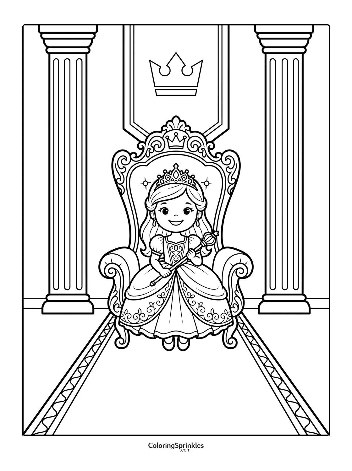 Coloring page of a princess sitting on a throne holding a scepter