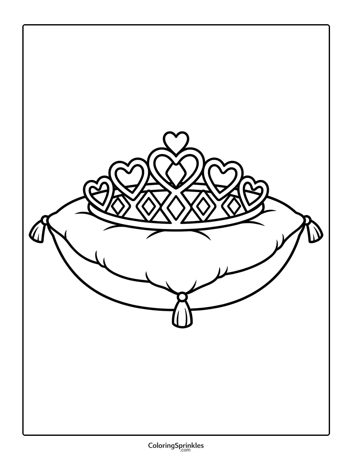 Coloring page of a princess tiara with heart shapes on a decorative pillow