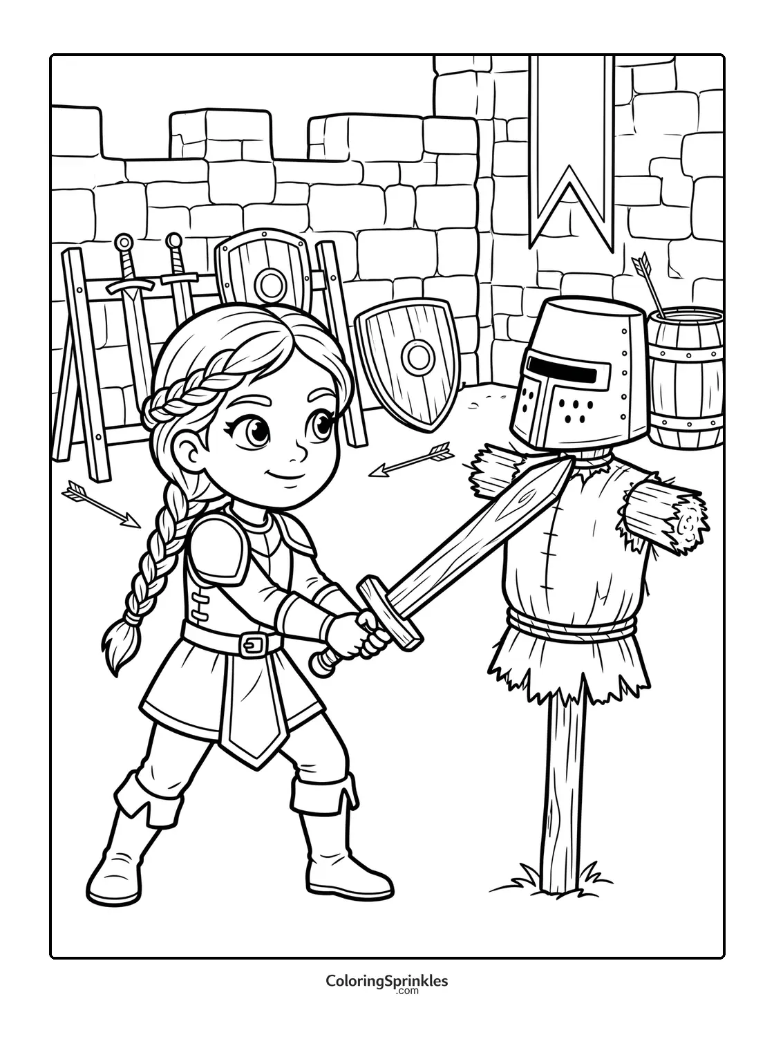 Coloring page of a princess training with a sword on a knight target