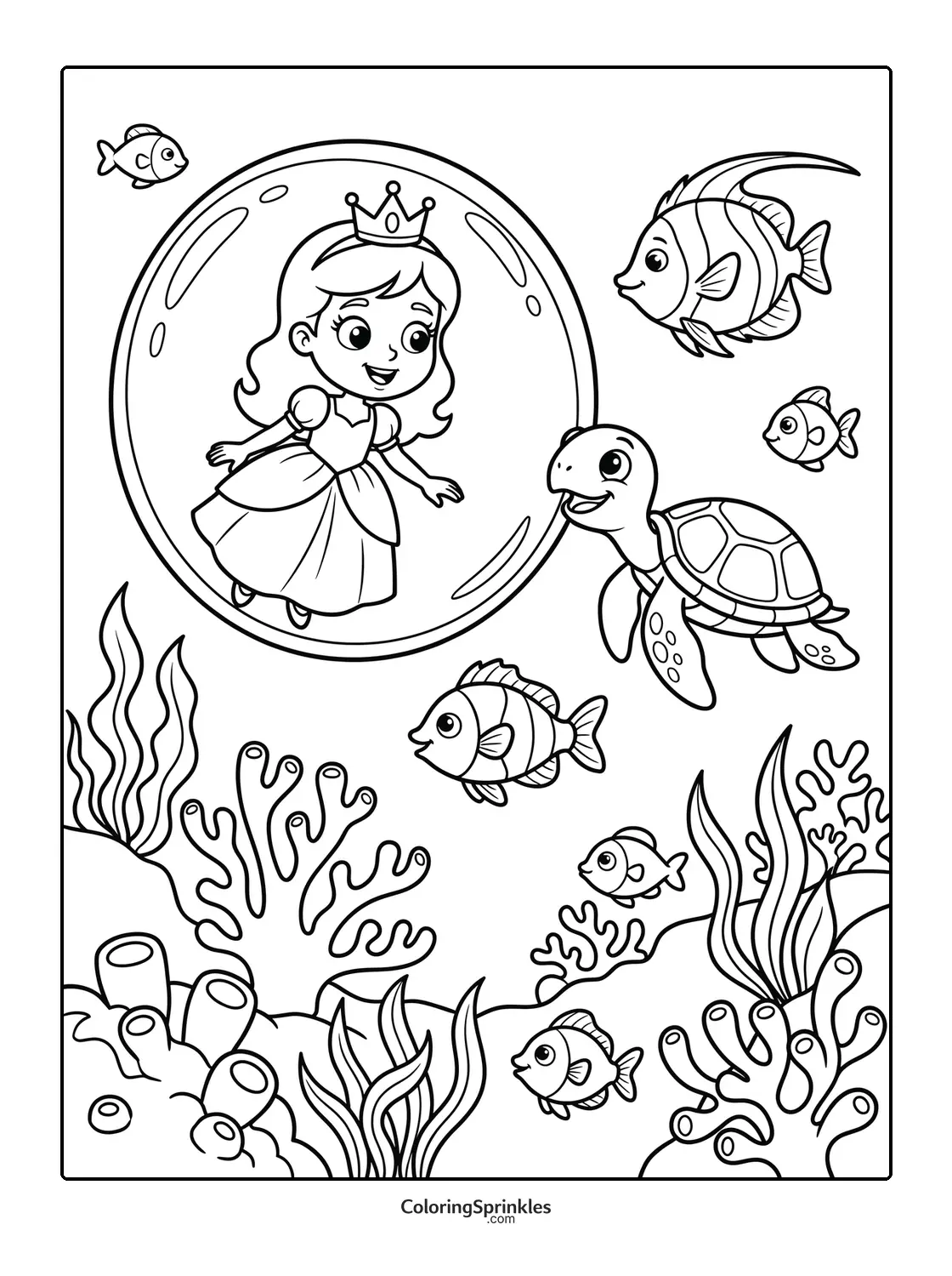 Coloring page of a princess inside a bubble underwater with a turtle and fish