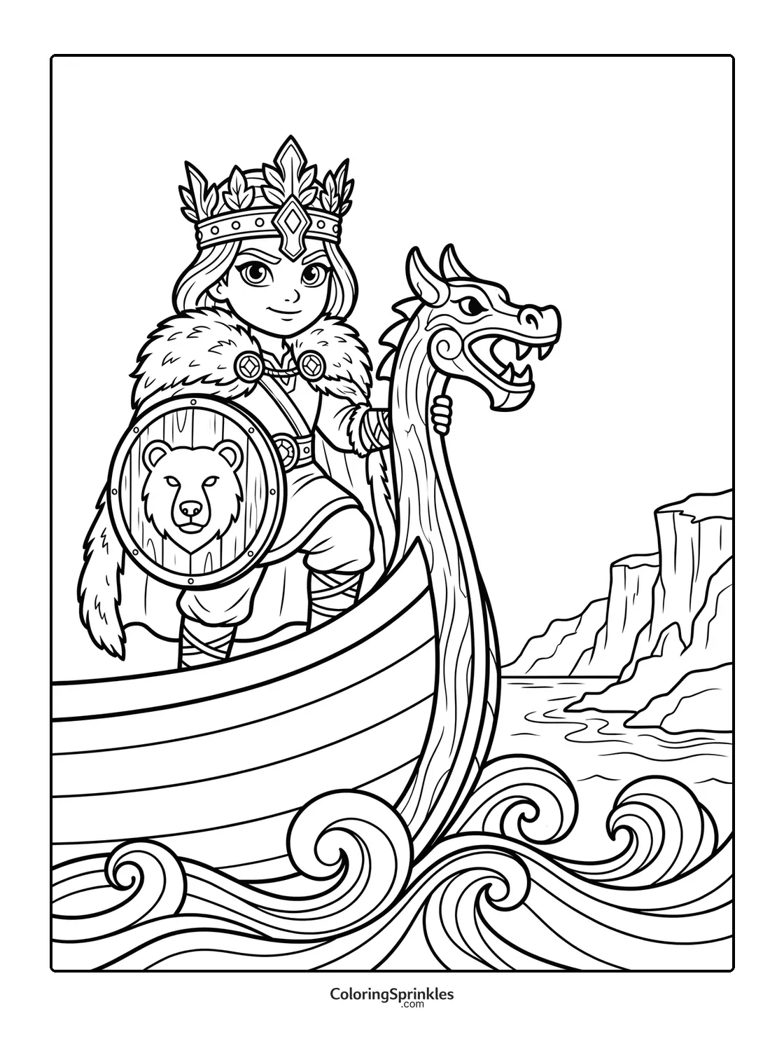 Coloring page of a princess Viking on a ship with a dragon head and shield