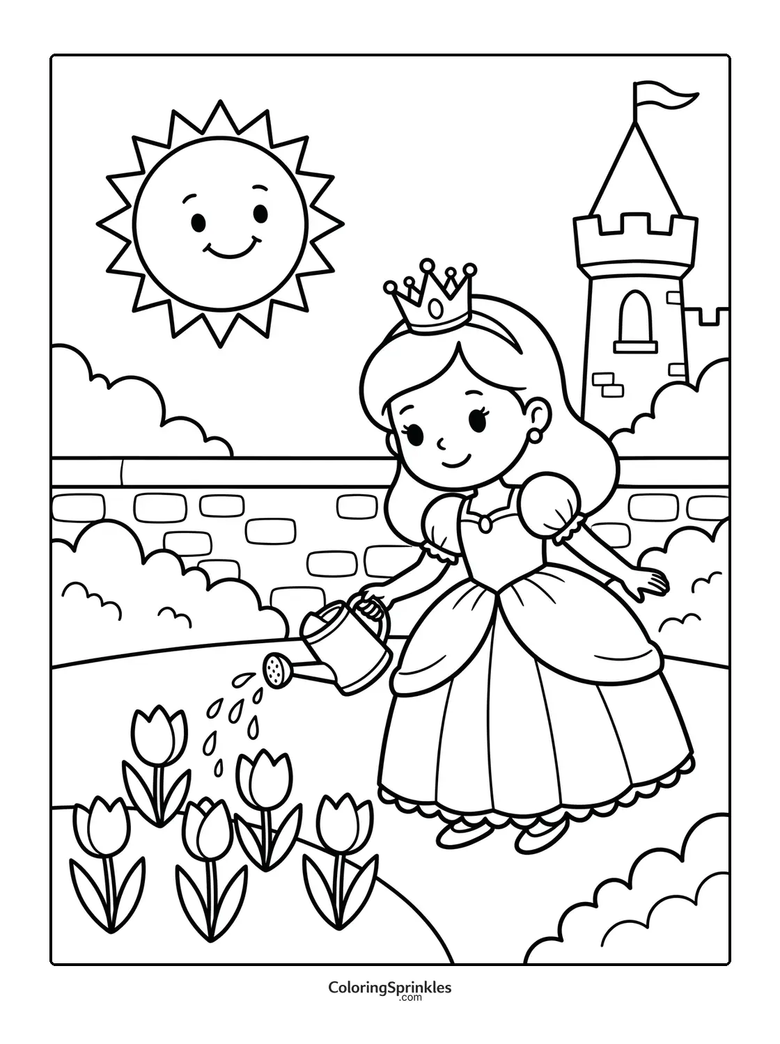 Coloring page of a princess watering flowers in a castle garden