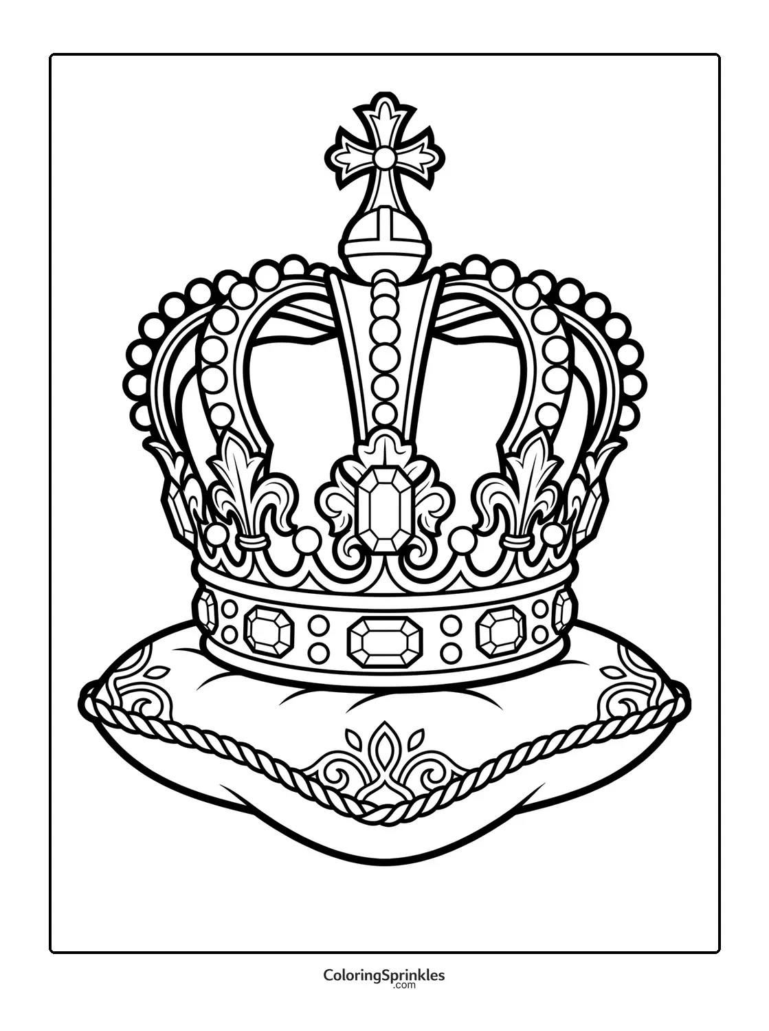 Coloring page of a royal crown with jewels resting on a decorative pillow
