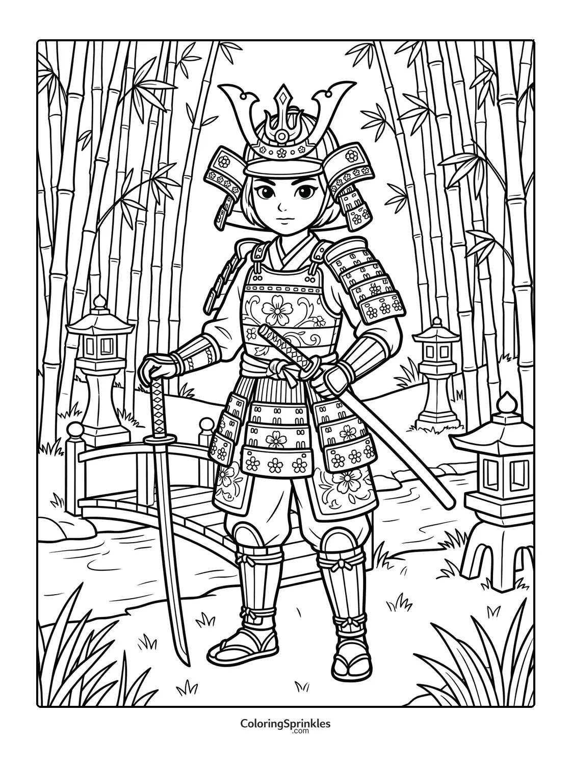 Coloring page of a samurai girl in armor holding a sword in a bamboo garden