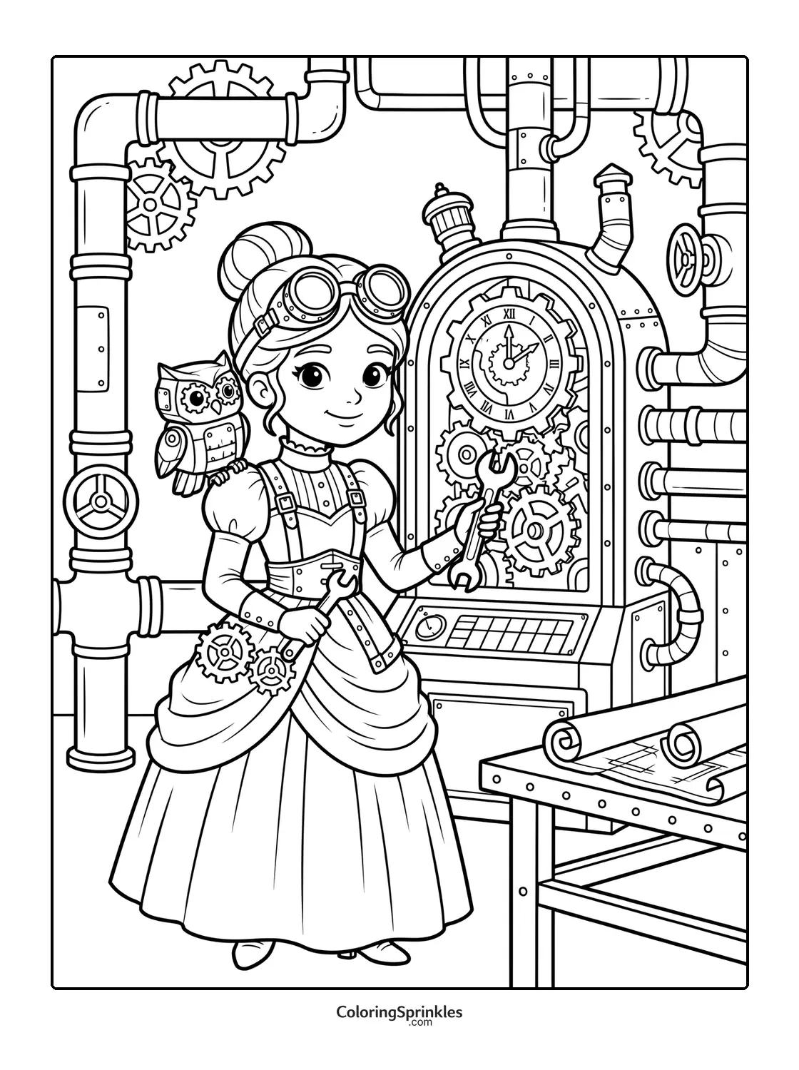 Coloring page of a steampunk princess with an owl and a gear machine