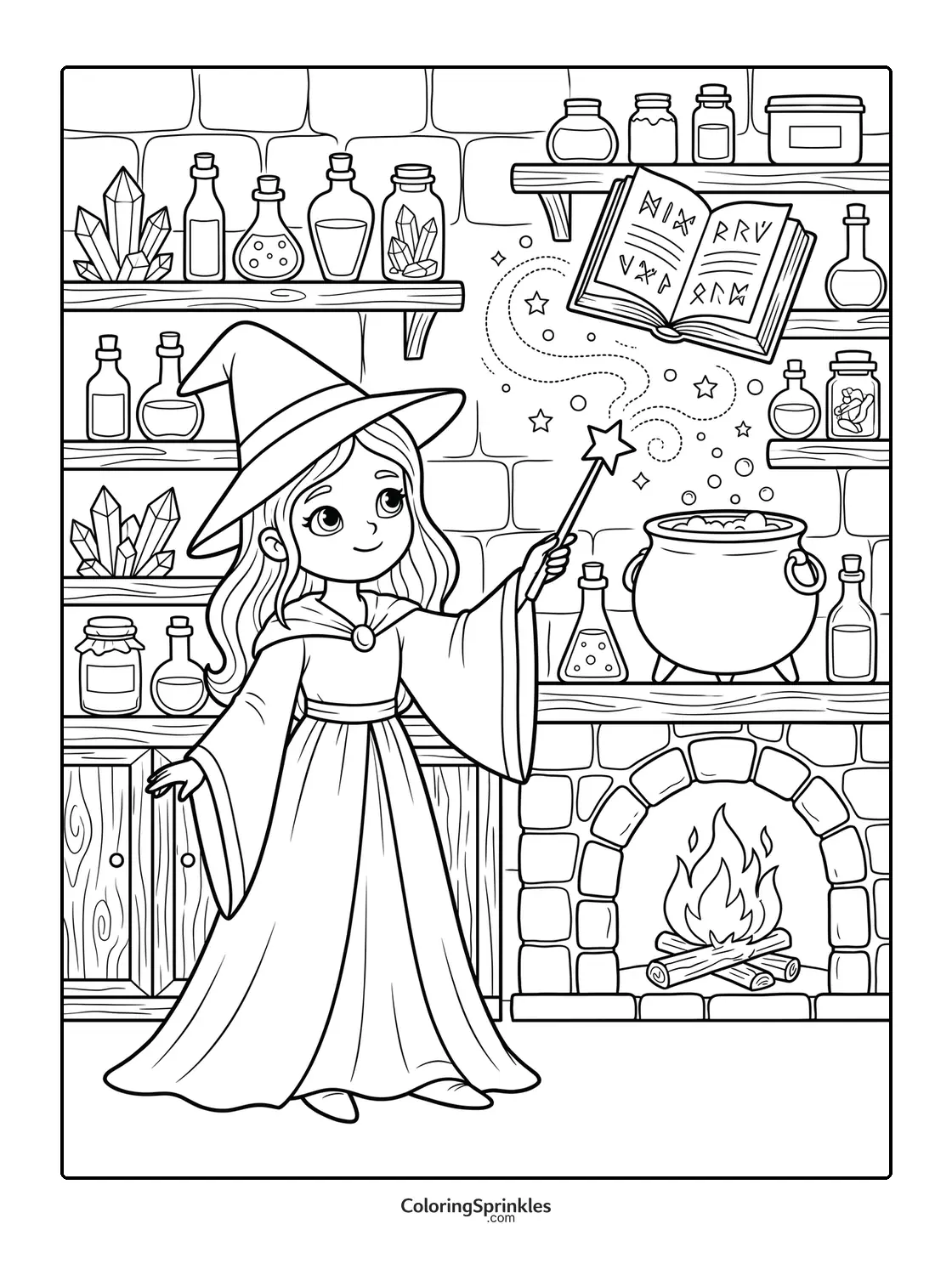 Coloring page of a young witch casting a spell in a magic lab