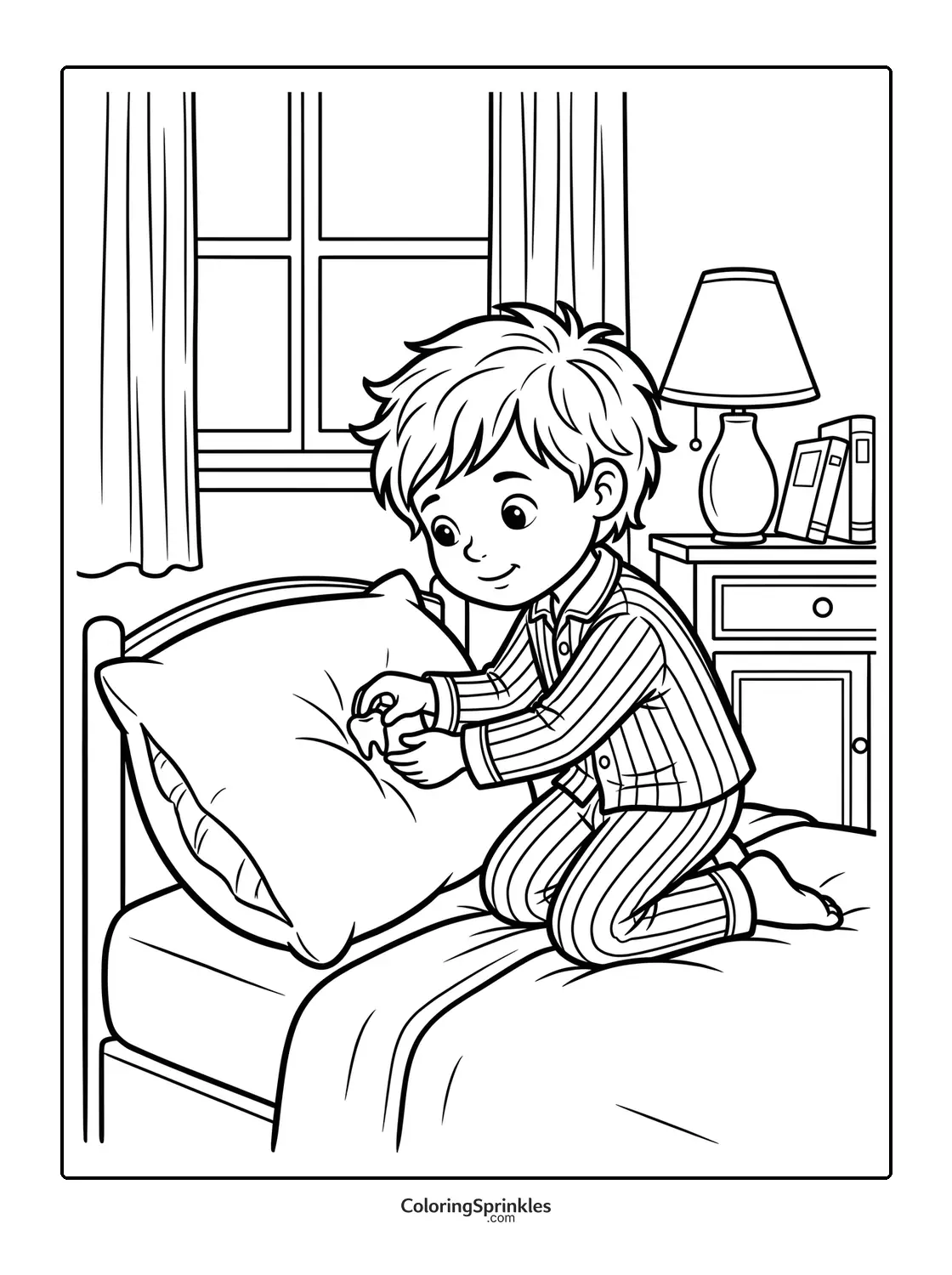 Coloring page of a boy in pajamas placing a tooth under a pillow in bed