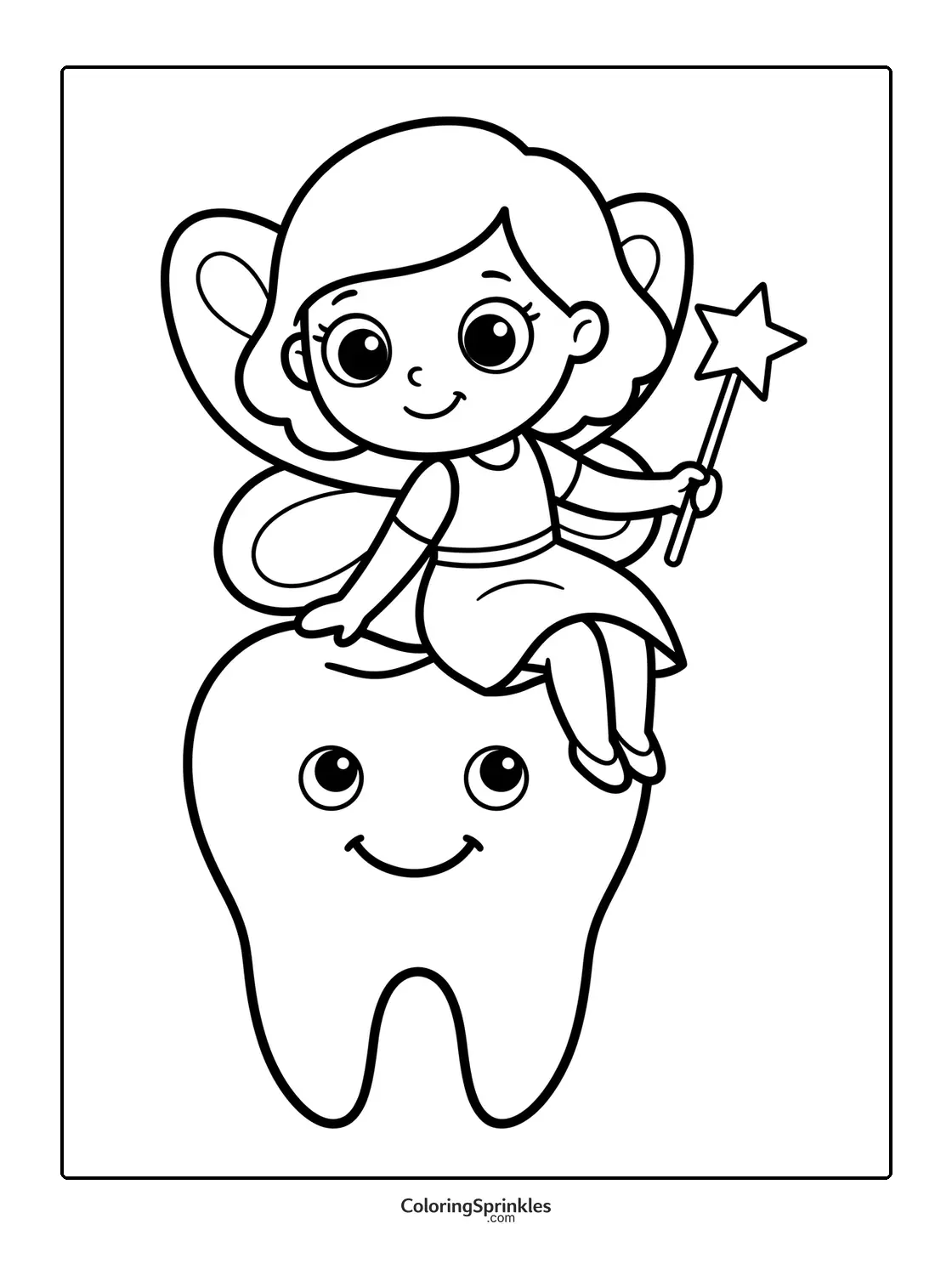 Coloring page of a tooth fairy sitting on a smiling tooth