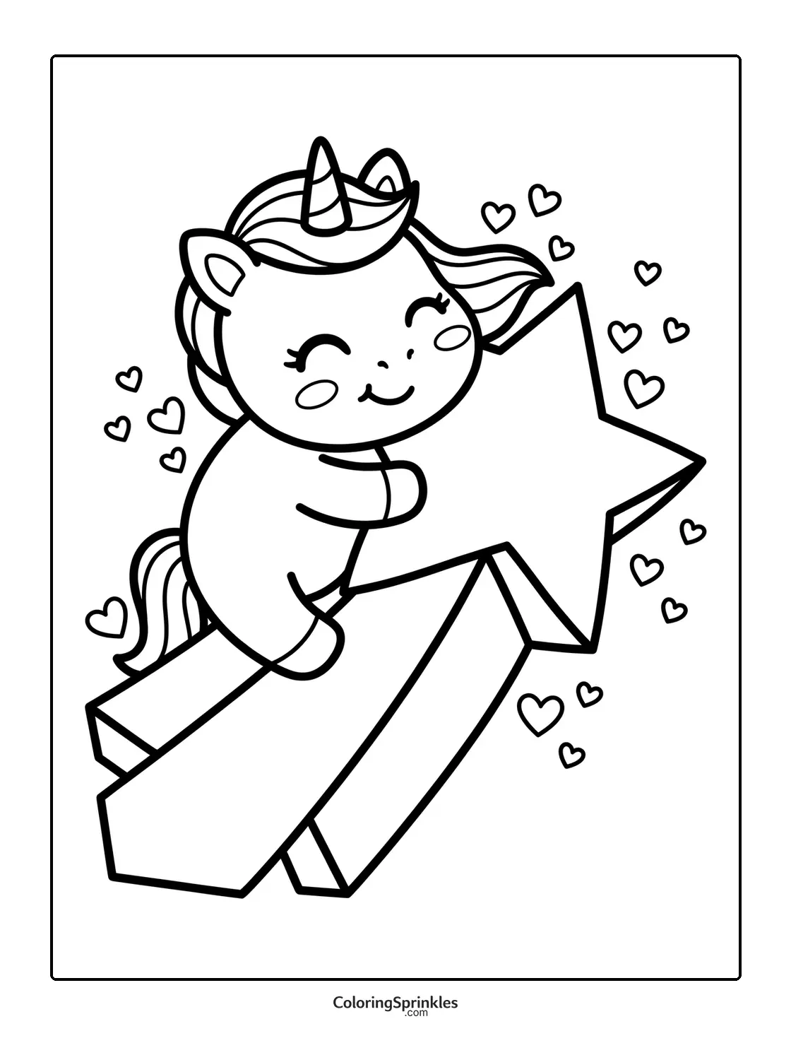 Coloring page of a cute unicorn riding a star with hearts