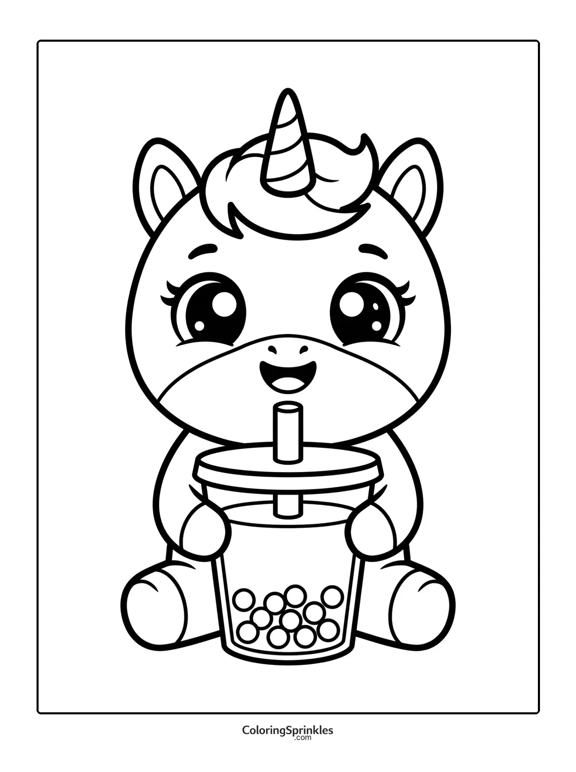 Coloring page of a cute unicorn sitting and drinking bubble tea