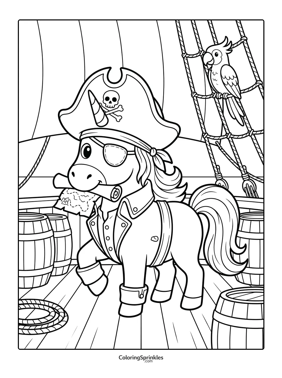 Coloring page of a pirate unicorn on a ship with a parrot and a treasure map