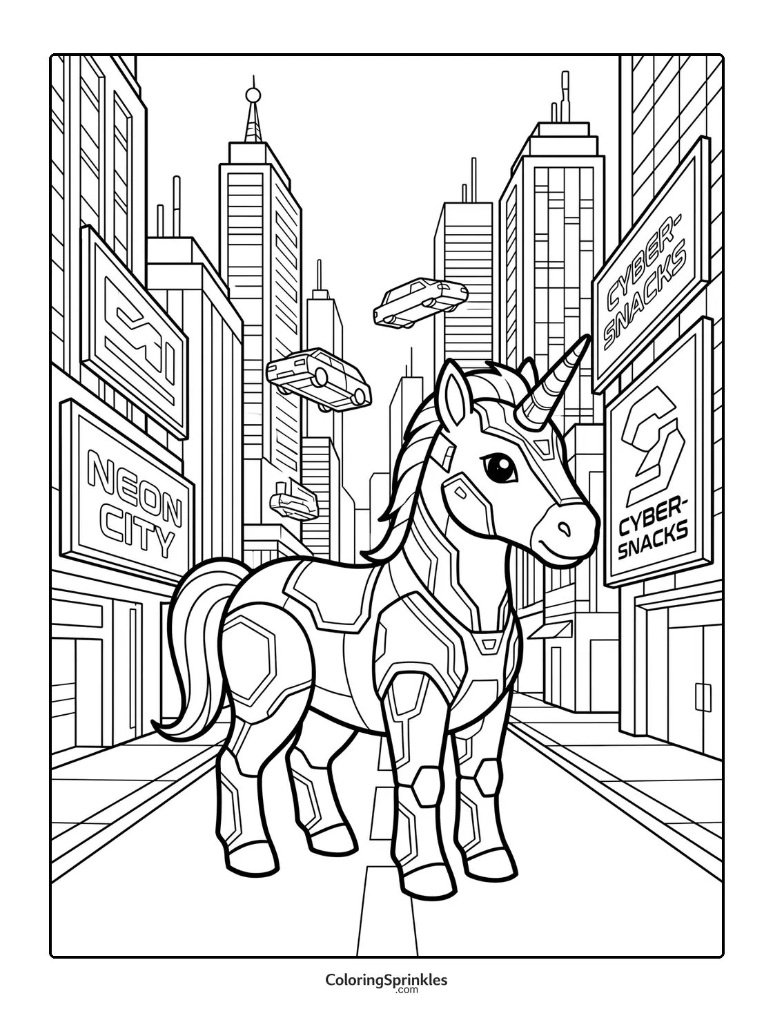 Coloring page of a robotic unicorn in a futuristic city with flying cars