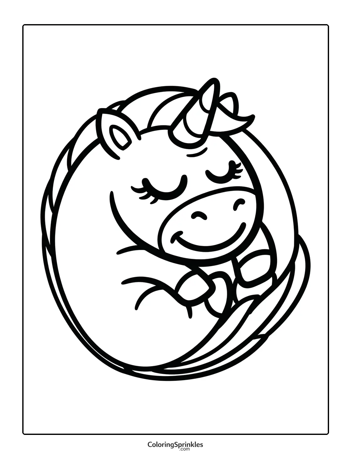 Coloring page of a cute sleeping unicorn curled in a round shape