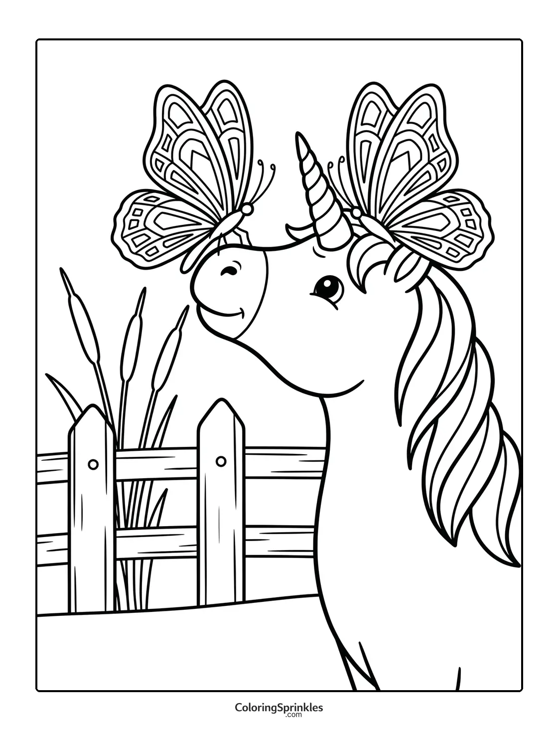 Coloring page of a unicorn with butterflies on its nose near a fence and cattails