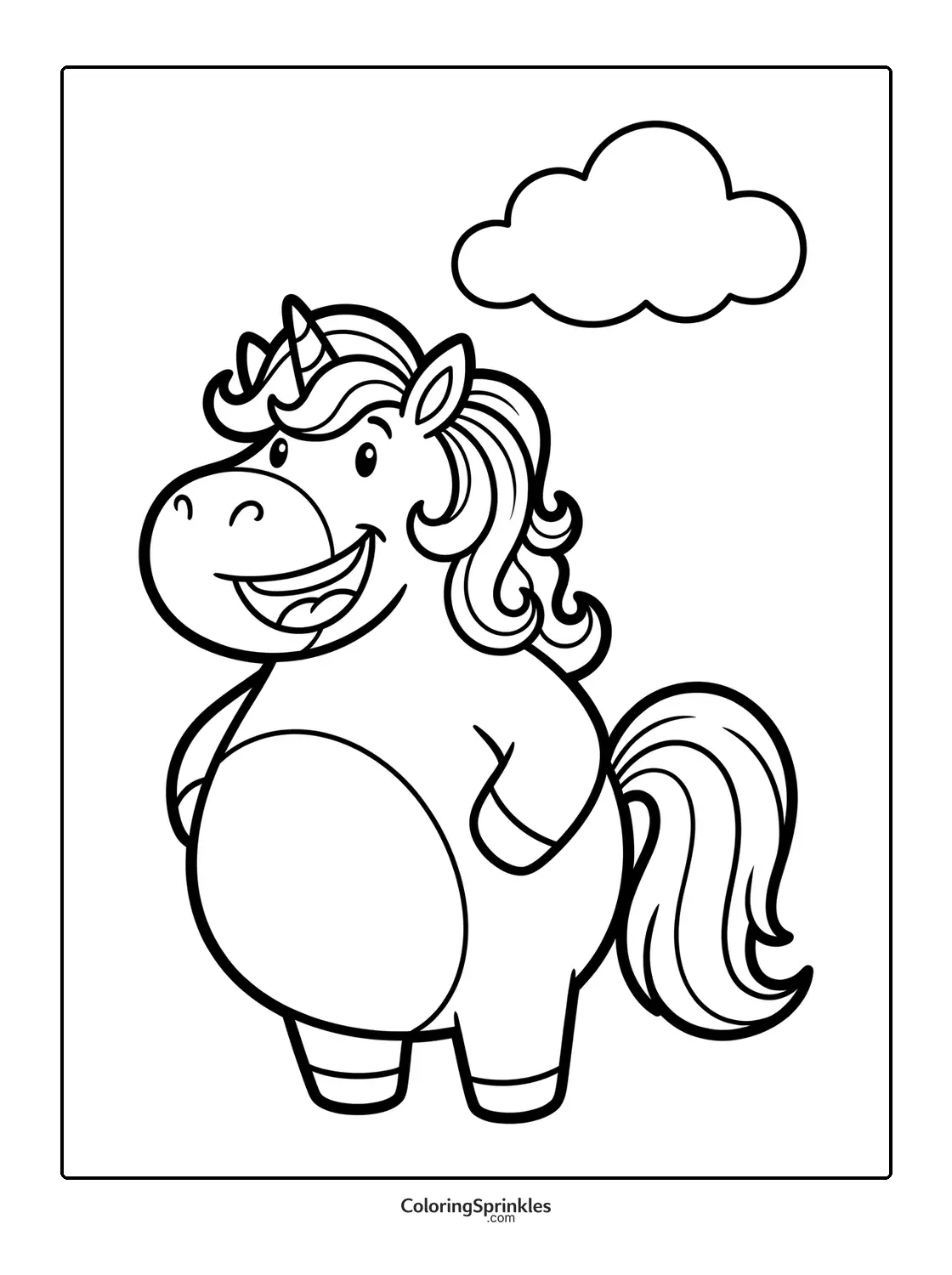 Coloring page of a smiling cartoon unicorn with a cloud