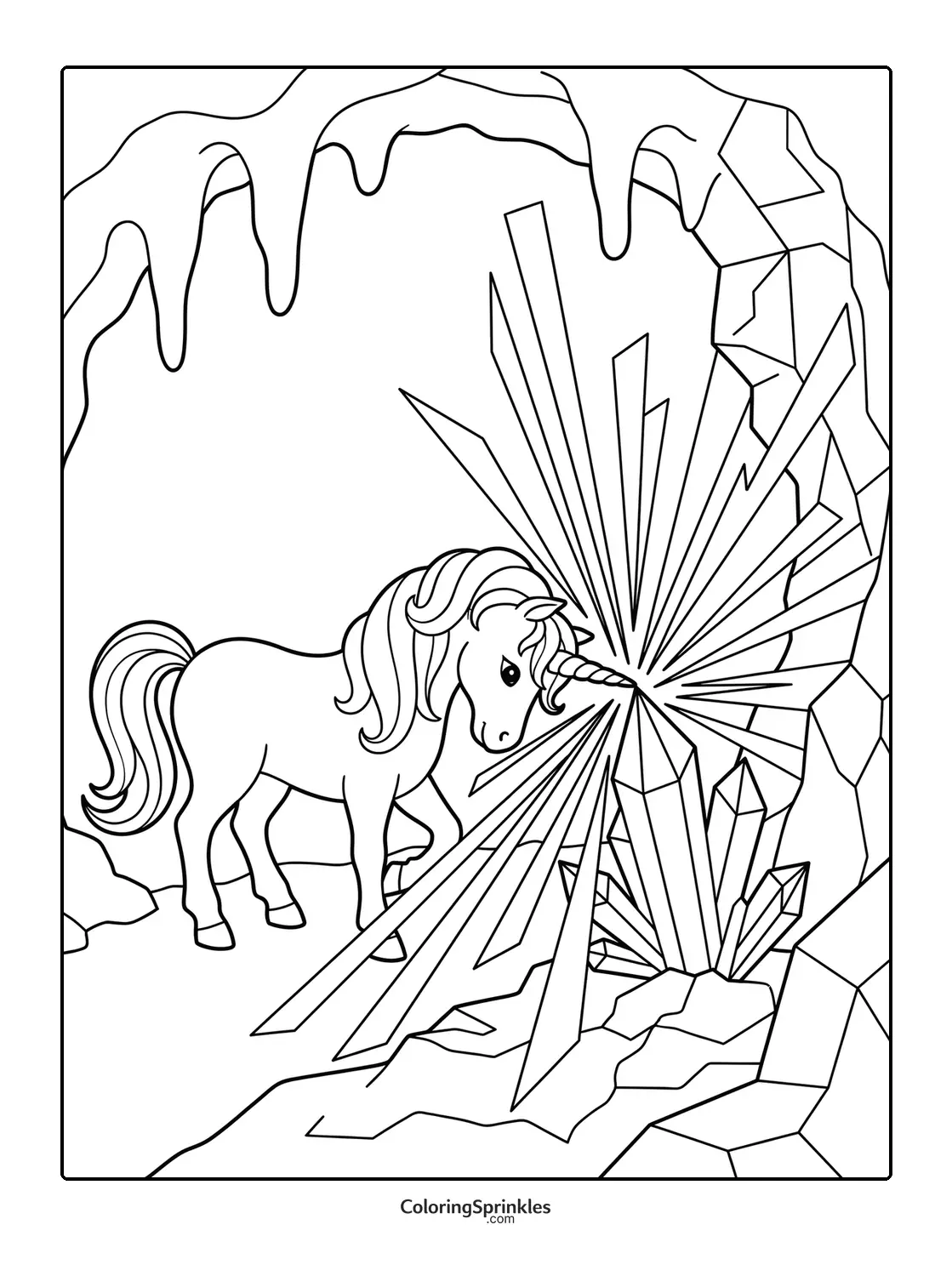 Coloring page of a unicorn in a cave with large crystals