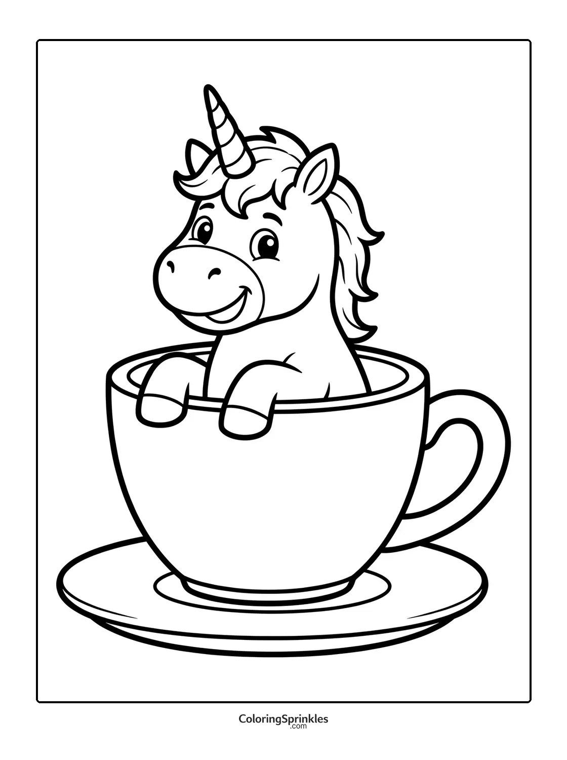Coloring page of a smiling unicorn sitting inside a teacup on a saucer