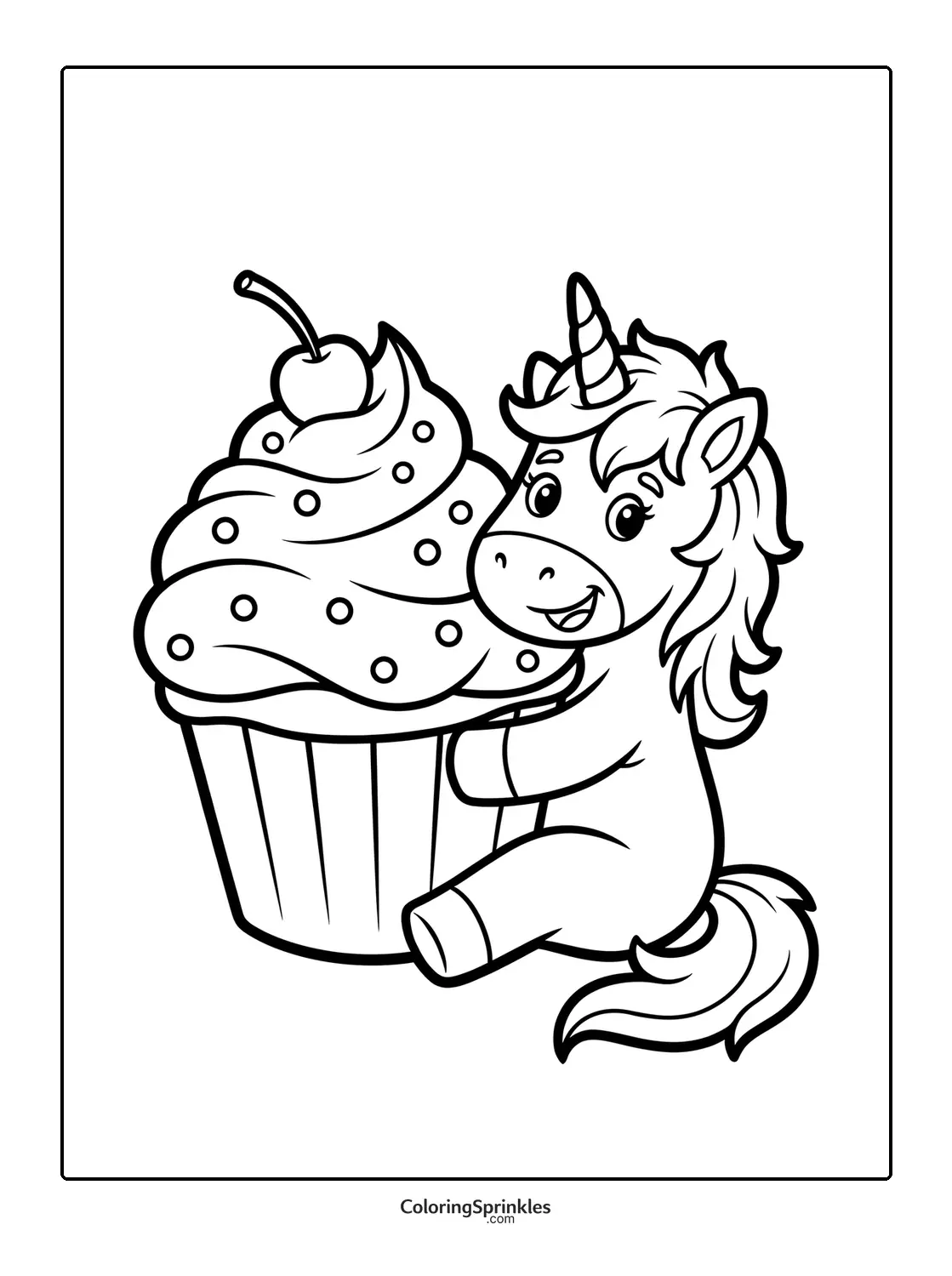 Coloring page of a unicorn hugging a cupcake with cherry and sprinkles