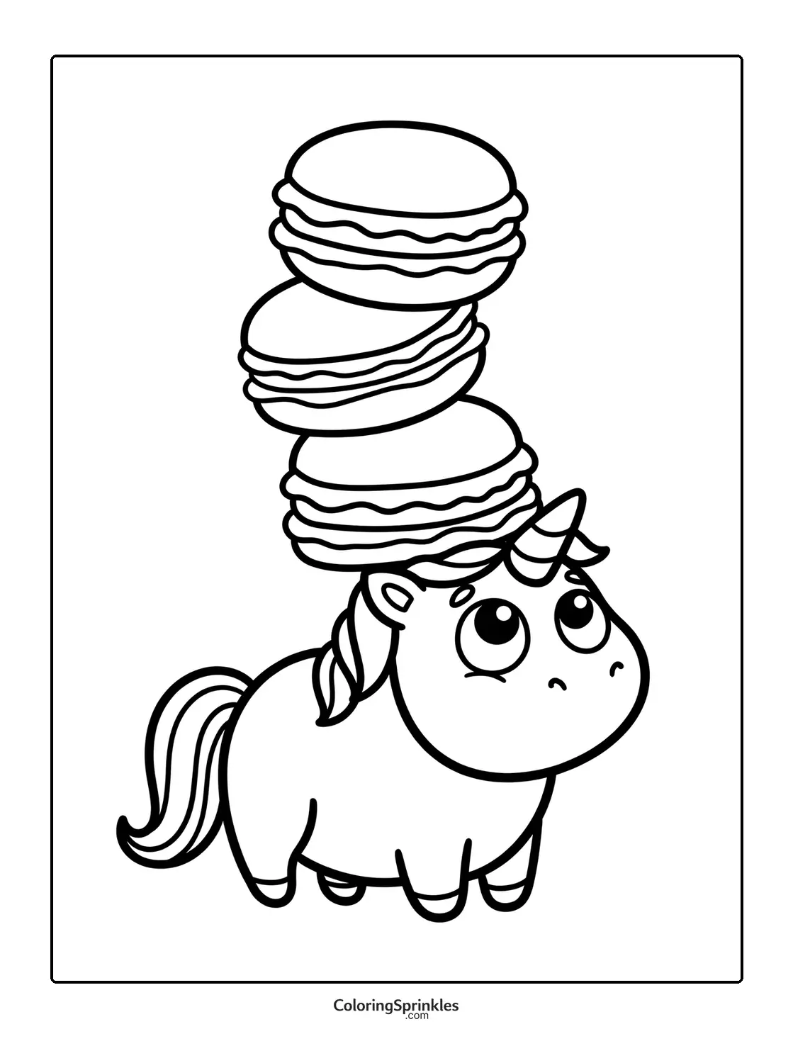 Coloring page of a cute unicorn balancing a stack of macarons
