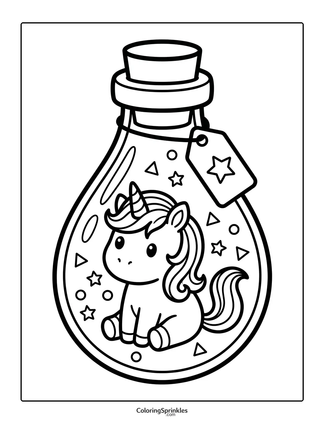 Coloring page of a cute sitting unicorn inside a bottle with stars
