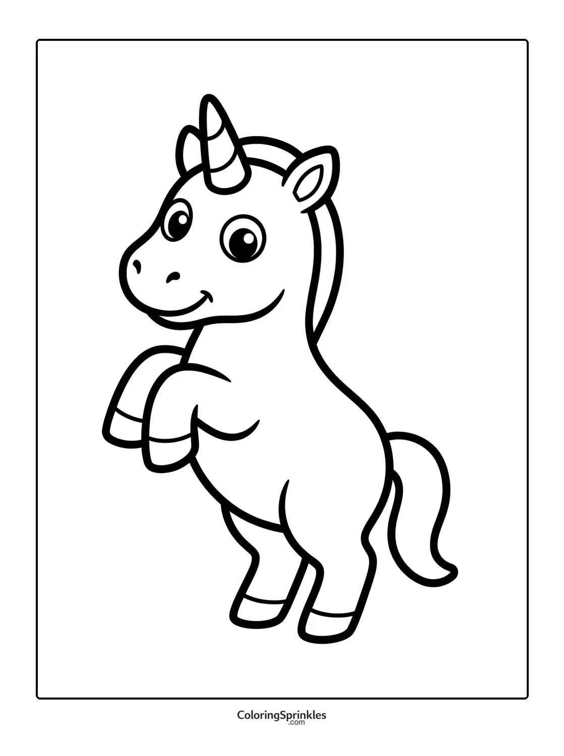 Coloring page of a cute unicorn standing happily