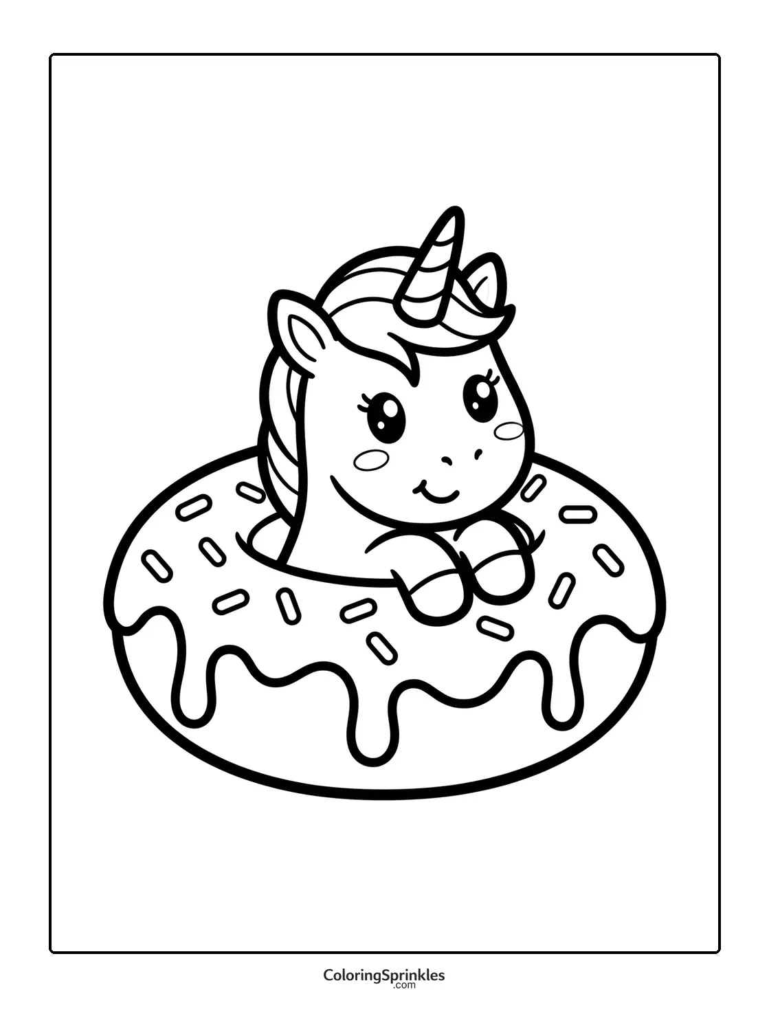 Coloring page of a cute unicorn floating in a donut float