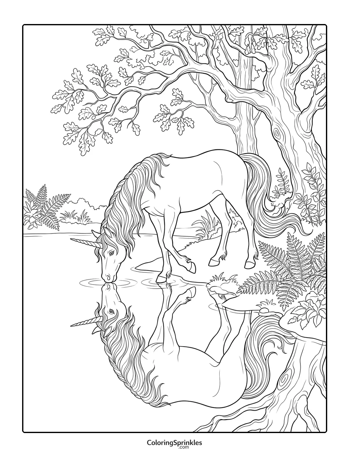 Coloring page of a unicorn drinking water by a forest pond with its reflection