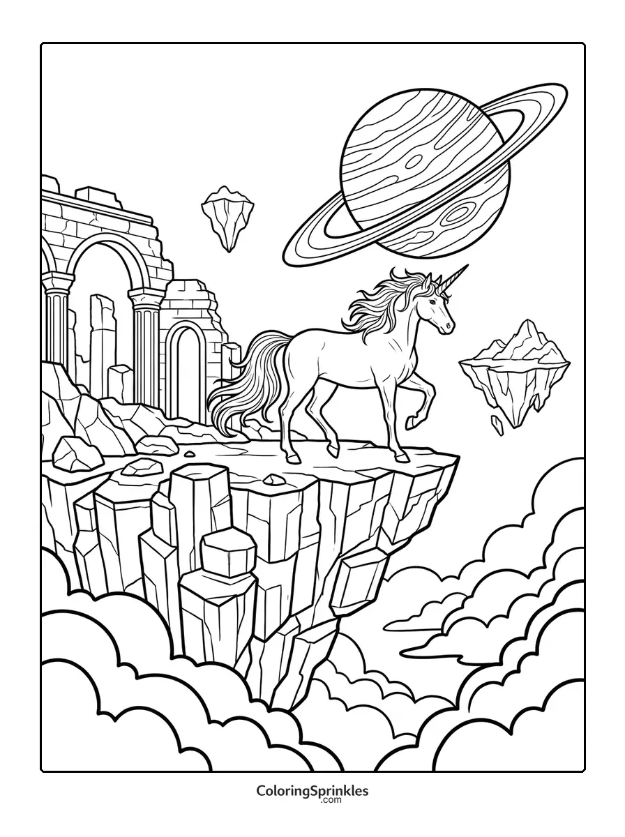 Coloring page of a unicorn standing on a floating island with ruins and a planet
