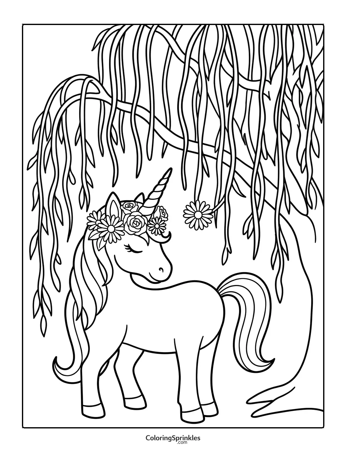 Coloring page of a unicorn with a flower crown under a willow tree
