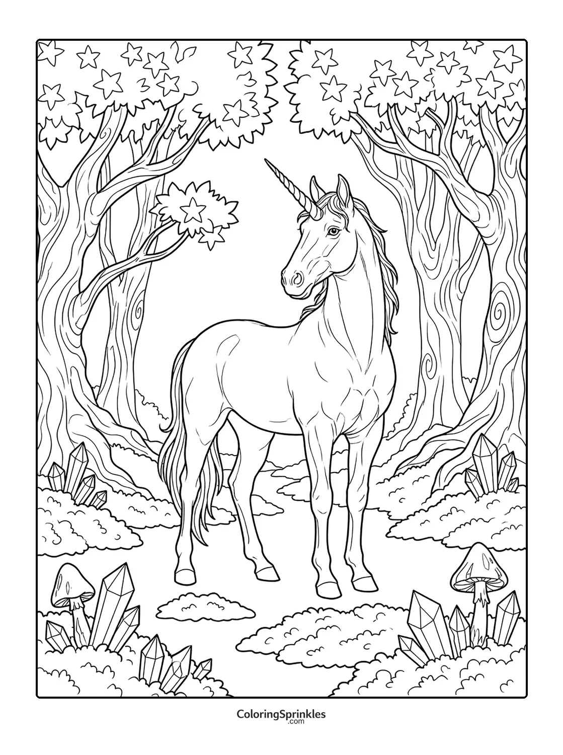 Coloring page of a unicorn standing in a forest with crystals and mushrooms