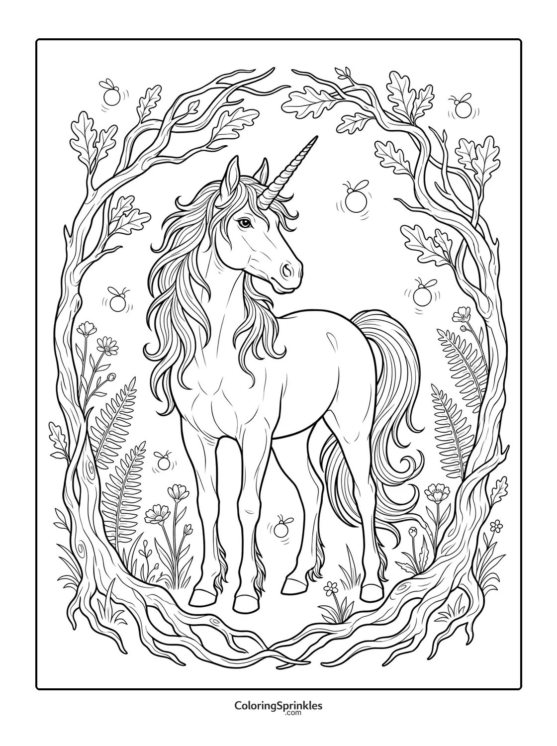Coloring page of a unicorn standing inside a forest frame with flowers and butterflies