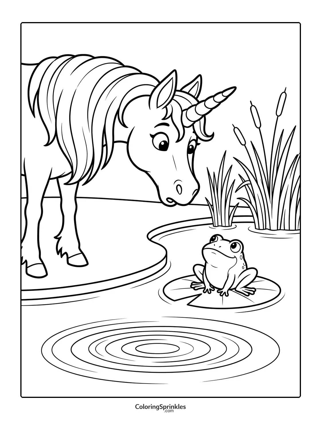 Coloring page of a unicorn looking at a frog on a lily pad in a pond