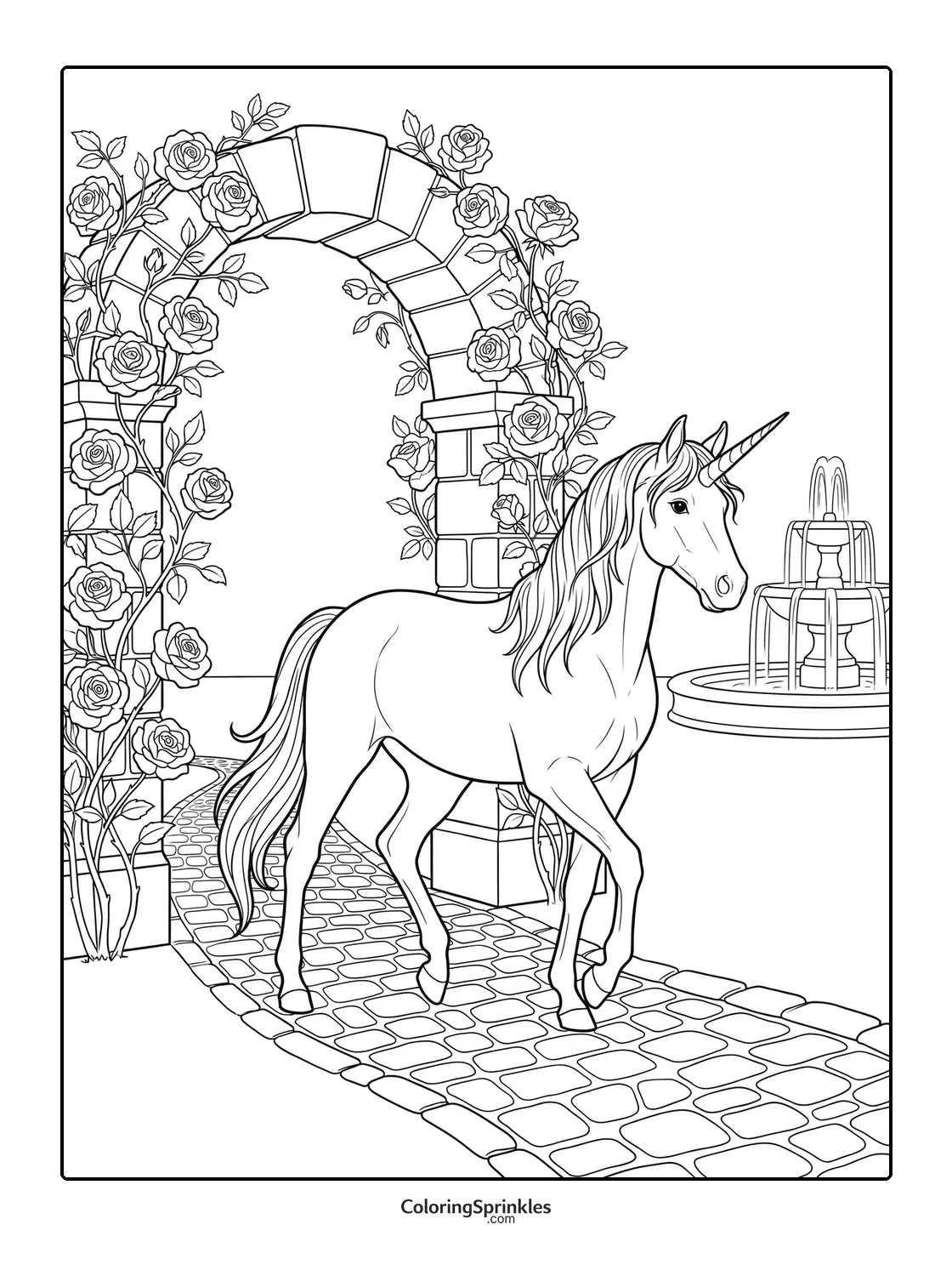 Coloring page of a unicorn walking on a cobblestone path in a garden with an archway of roses and a fountain