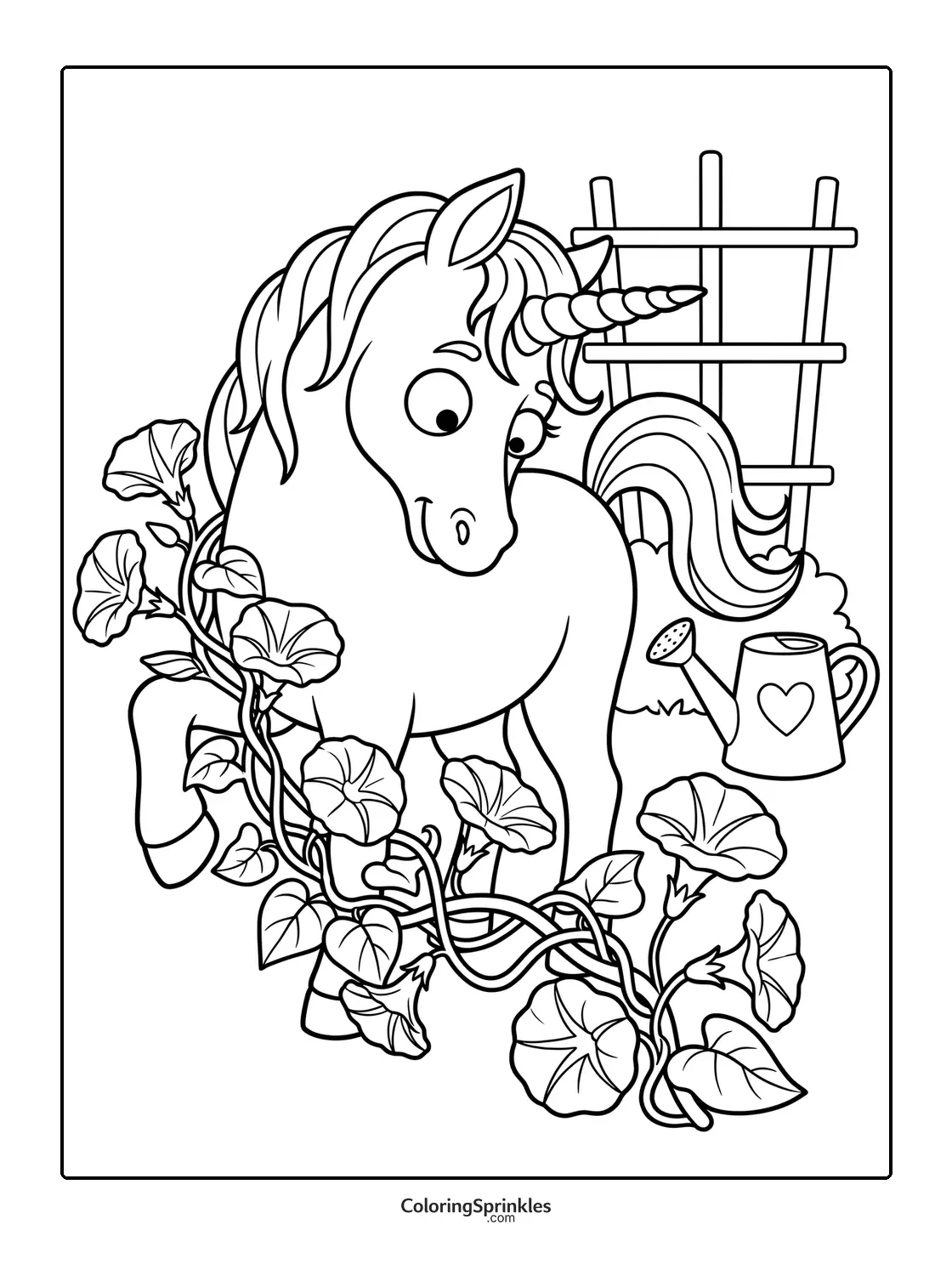 Coloring page of a unicorn in a garden with flowers and a watering can