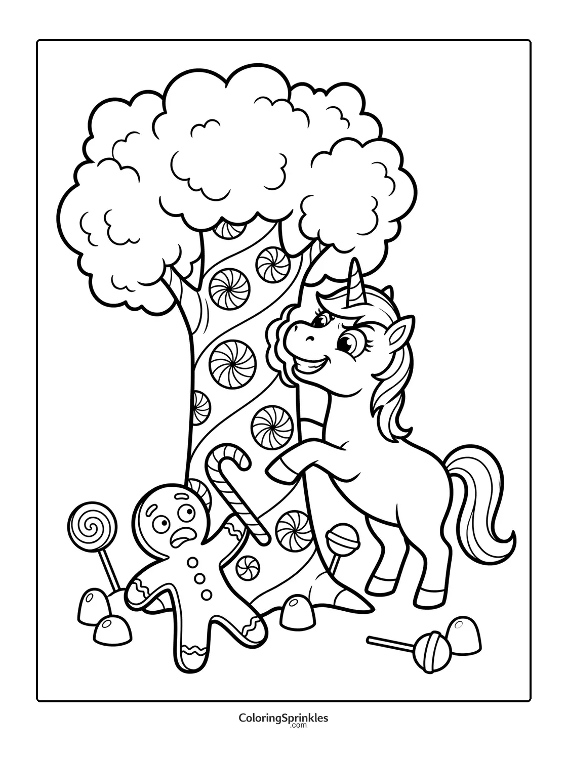Coloring page of a unicorn with a gingerbread man near a candy tree
