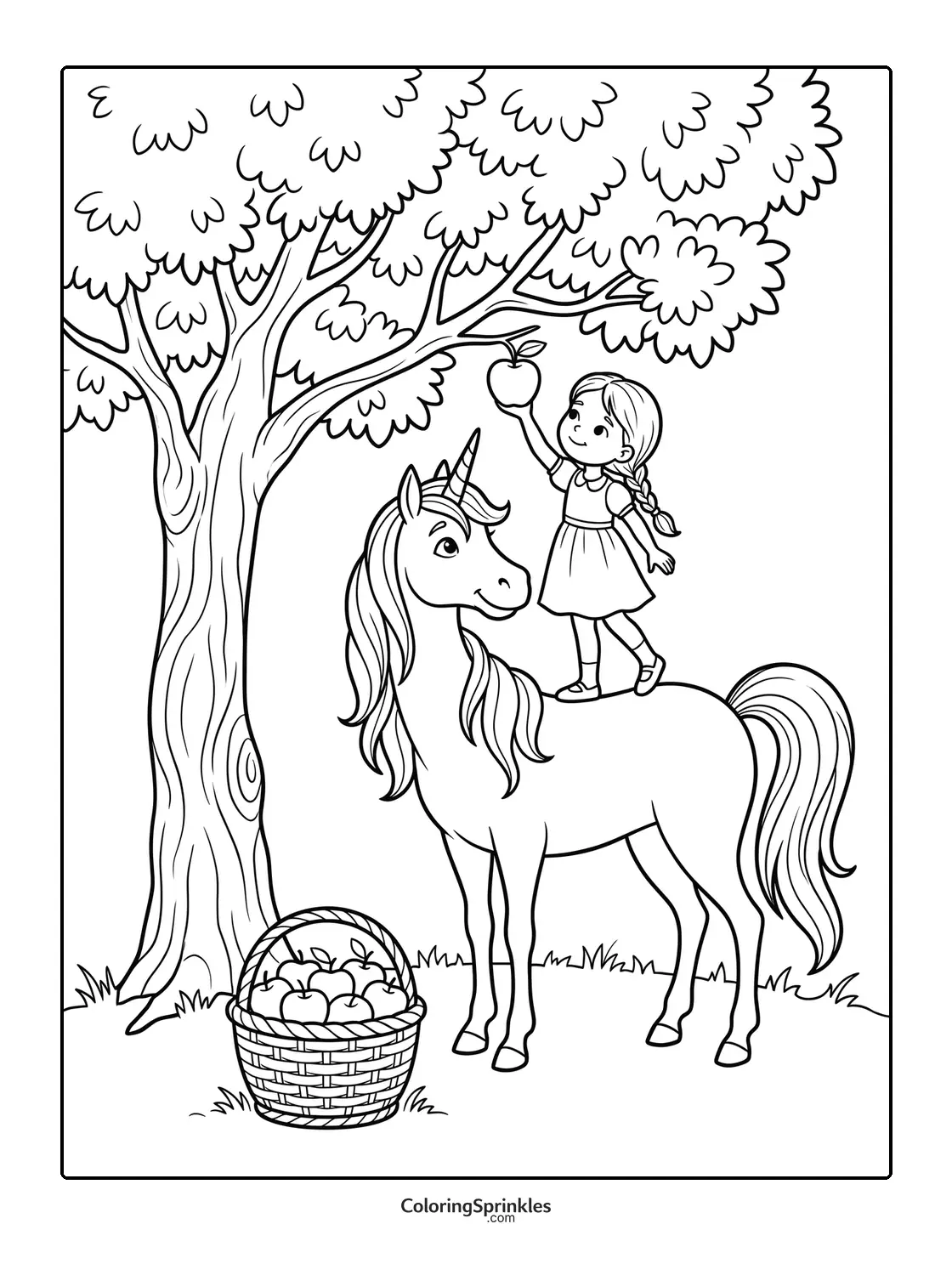 Coloring page of a girl picking apples from a tree while standing on a unicorn
