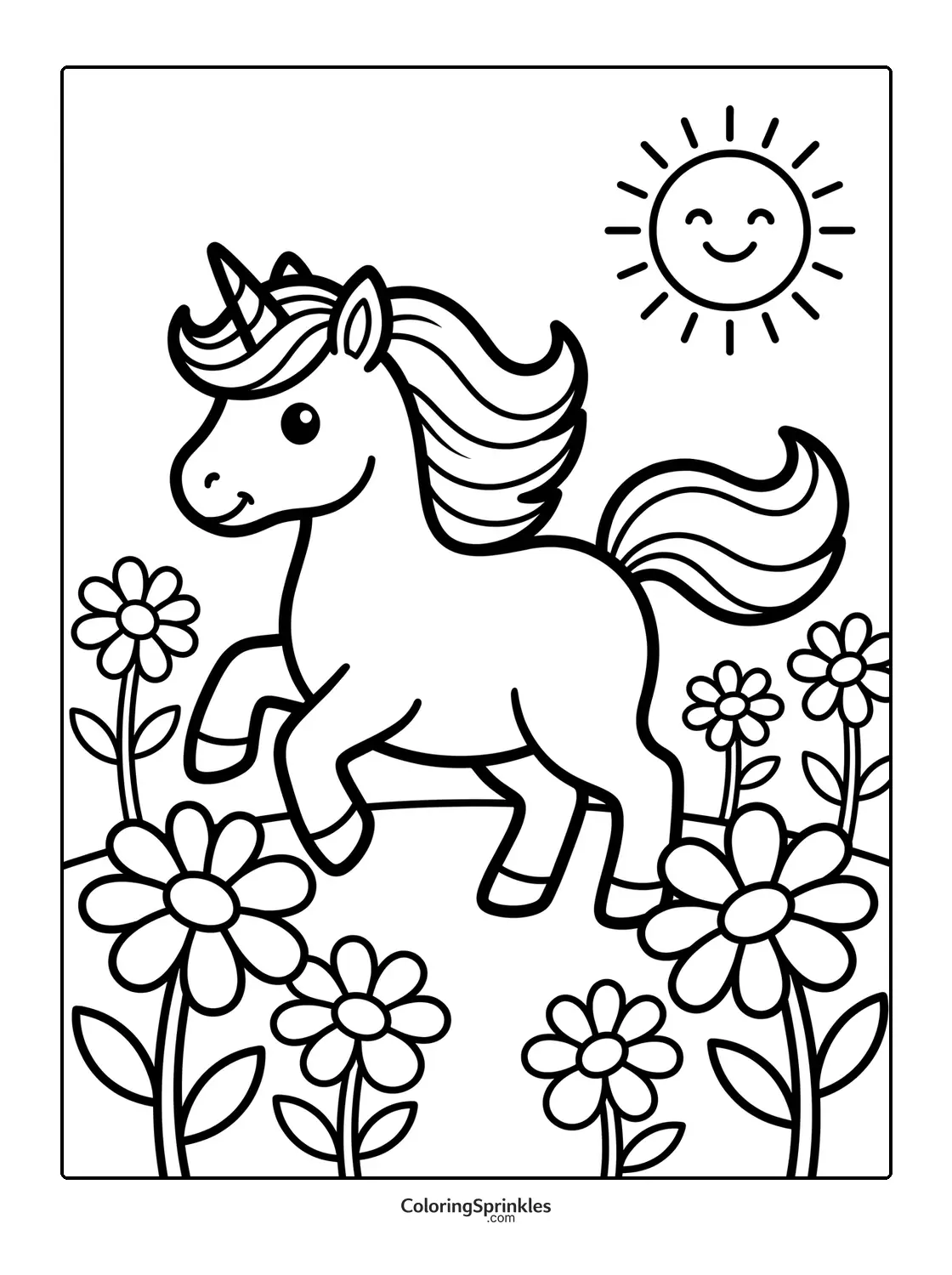Coloring page of a happy unicorn prancing in a flower field under the sun