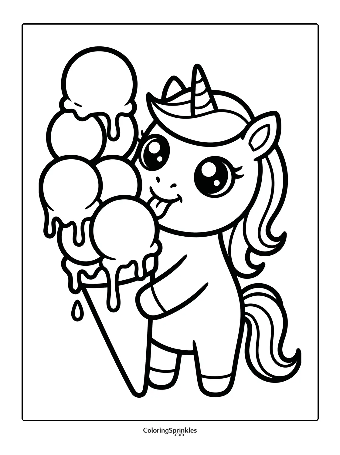 Coloring page of a unicorn holding a large melting ice cream cone