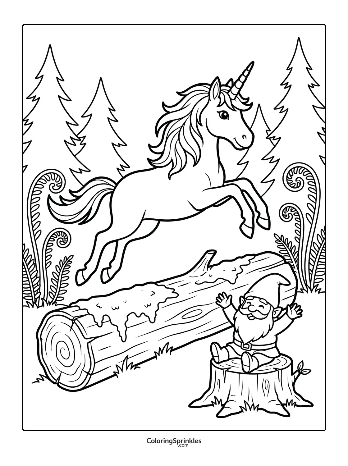 Coloring page of a unicorn jumping over a log with a gnome sitting on a tree stump in a forest
