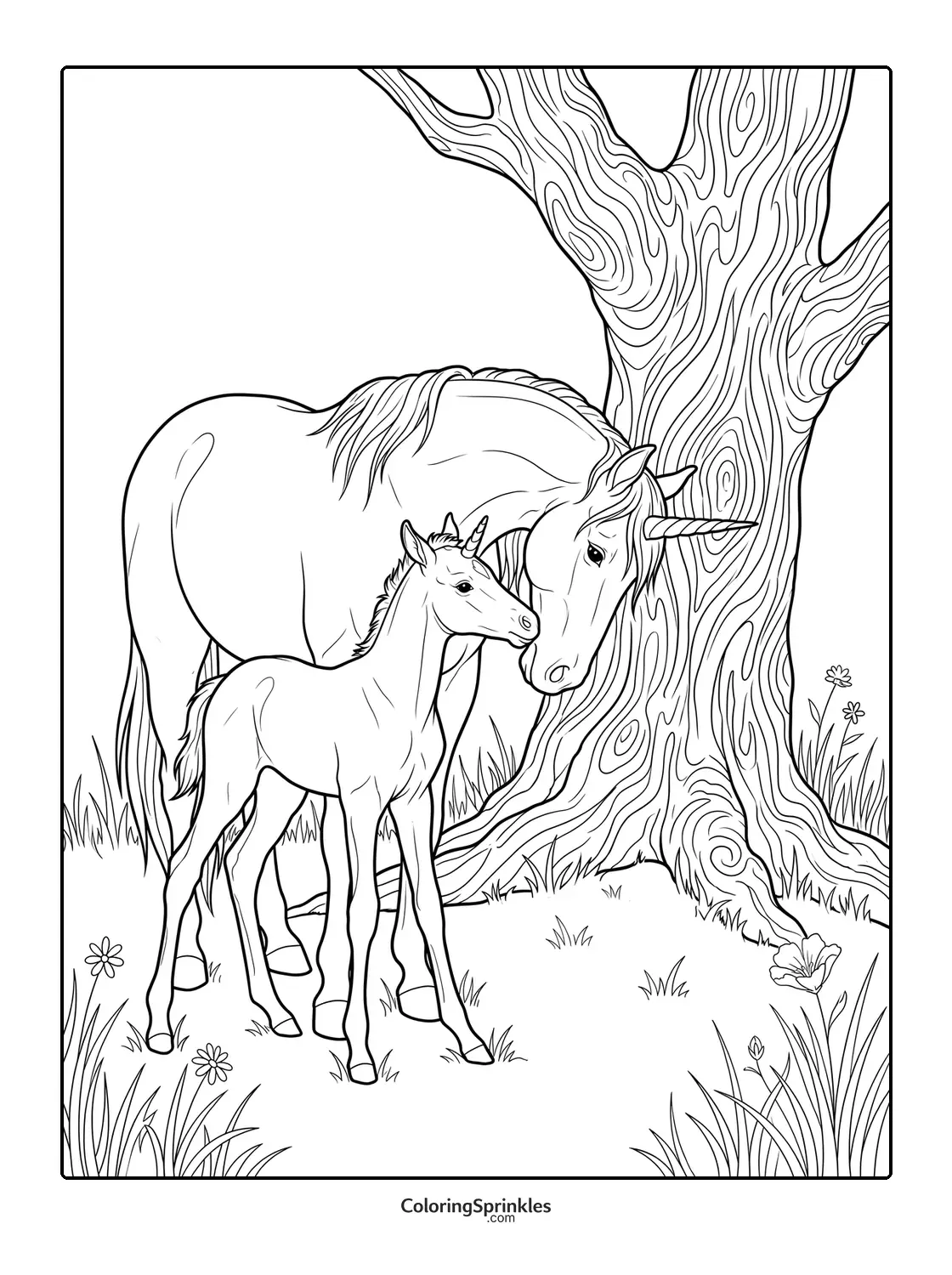 Coloring page of a unicorn mother and foal standing near a tree with flowers