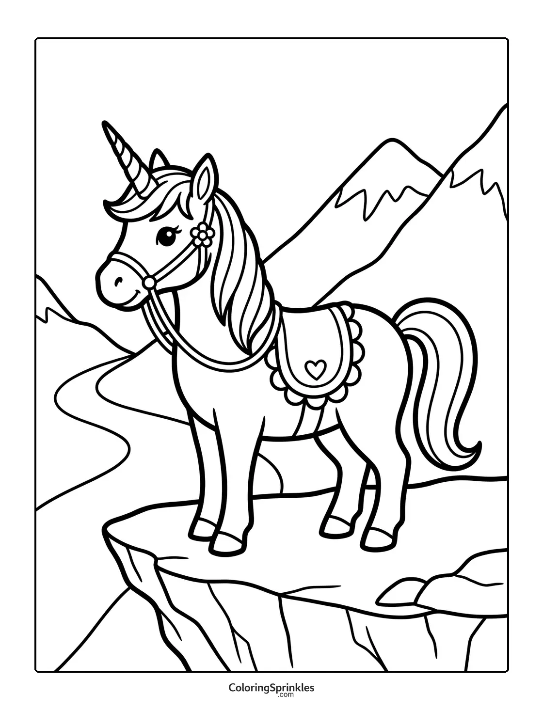 Coloring page of a unicorn standing on a cliff with mountains and a winding path