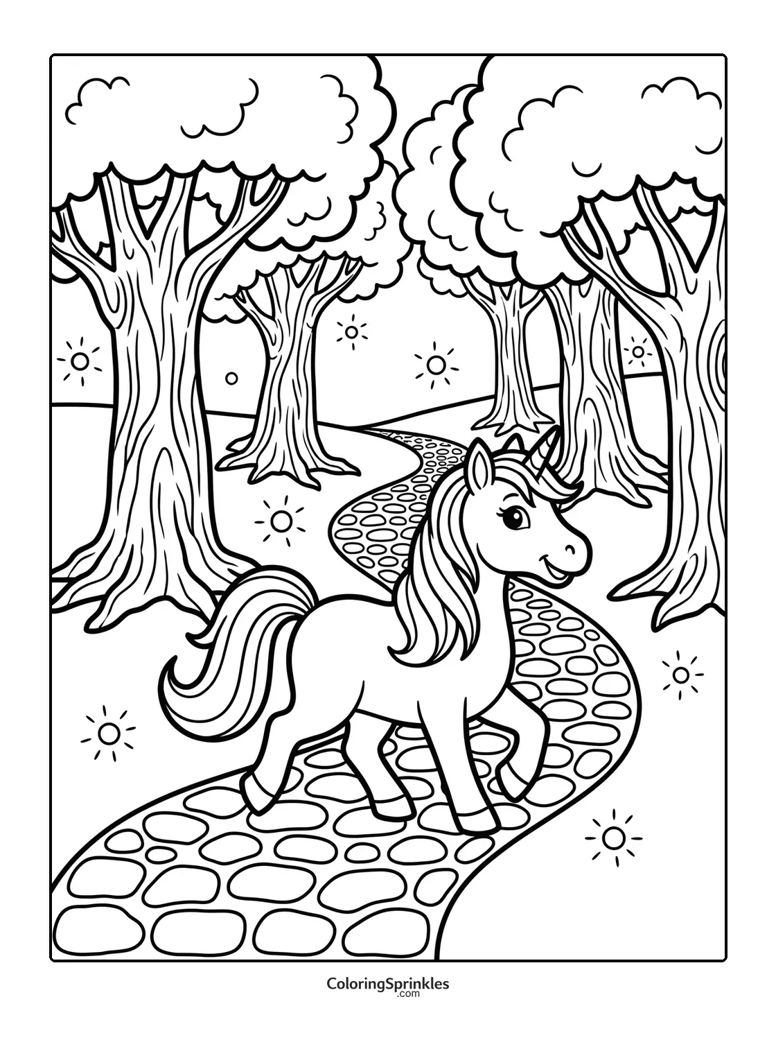 Coloring page of a unicorn walking on a stone path through a forest